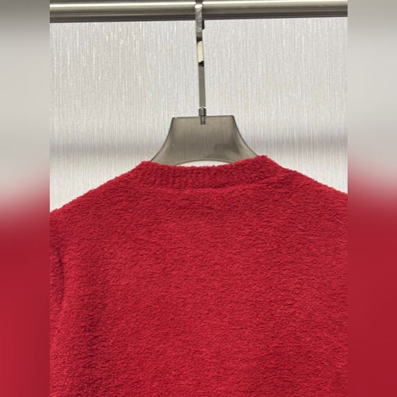 Celine Red Crewneck Stereoscopic Letter Logo Embroidered Knit Cardigan - Picture 4 of 9